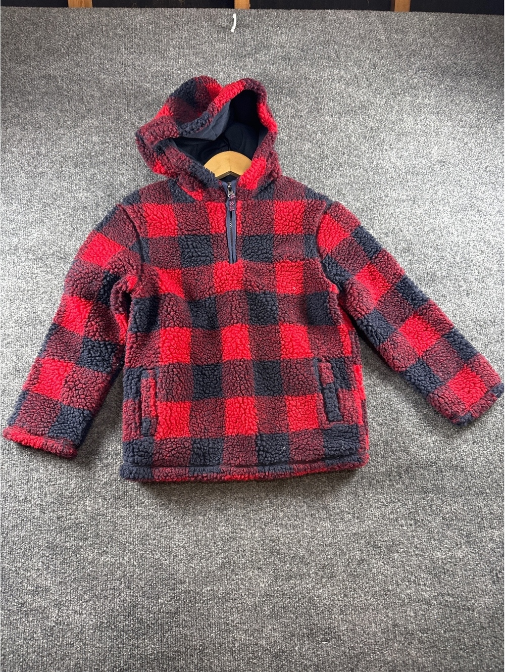 Cat & Jack Girls S 6-7 Buffalo Plaid Sherpa Fleece Hooded Pullover Jacket